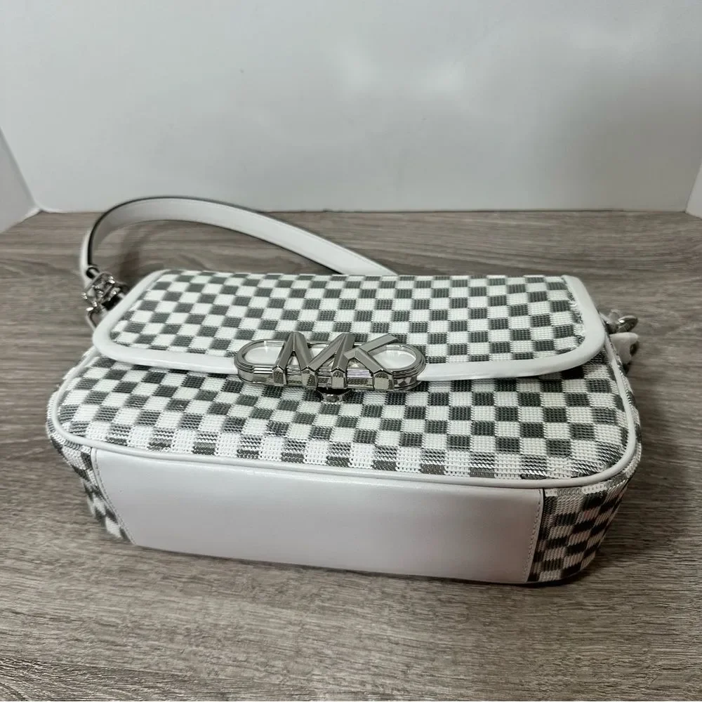 HTF MICHAEL KORS PARKER CHECK SILVER POUCHETTE CONVERTIBLE SHOULDER BAG NWT - Picture 10 of 13